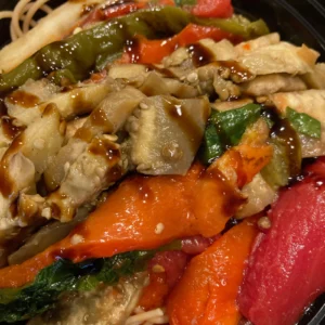 Grilled Eggplant with Roasted Red Pepper Sauce and Whole Wheat Angel Hair Pasta