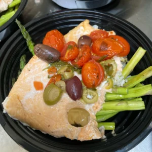 Mediterranean Salmon with Brown Rice and Lemon Zest Asparagus